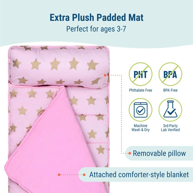 Wildkin Kids Original Nap Mat â€“ Cozy Kids Sleep Mat with Pillow, Ideal for School & Travel - Pink and Gold Stars - Image 3